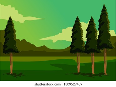 trees mountain and grass for background or vector illustration