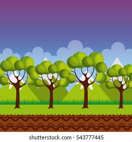 trees and mountains landscape. colorful design. vector illustration