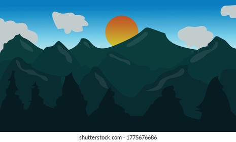 Trees and mountains overlap, clear air, clouds and the sun is shining.