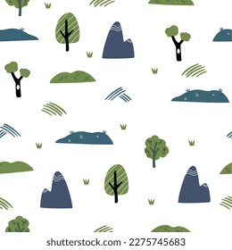 Trees, mountains and plants seamless pattern. Hand draw landscape background. Creative kids texture for fabric, wrapping, textile, wallpaper, apparel. Vector cartoon illustration