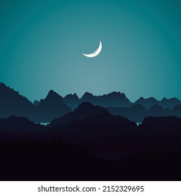Trees and mountains silhouettes, hill station, moon and mountains