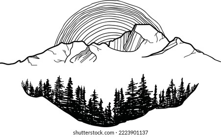 Trees Mountains with Sun Sketch - (Editable file) Vector Illustration