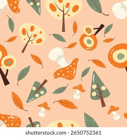 Árvores, cogumelos e folhas sobre um fundo laranja. Padrão contínuo de outono para roupas, tecido, papel de parede, pano de fundo, decoração de casa, livro de capa e arte de parede. 