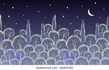 trees at night, the moon 