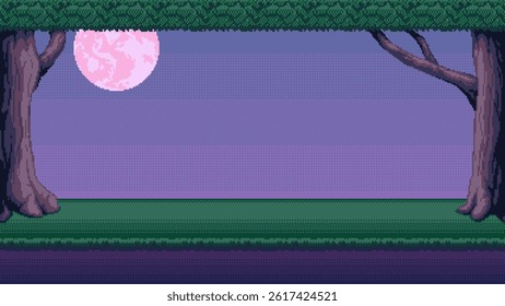 Trees at night pixel art background. Forest with moon 2d backdrop for 8-bit retro video game or mobile application. Seamless when docking horizontally.