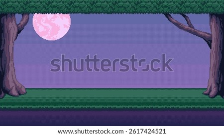 Trees at night pixel art background. Forest with moon 2d backdrop for 8-bit retro video game or mobile application. Seamless when docking horizontally.