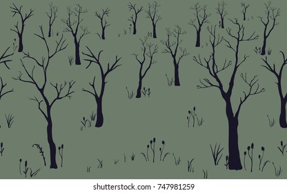 Trees with no leaves. Continuous Pattern. Partly Seamless. Vector Illustration