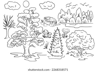 Trees oak beech spruce pine forest mushroom landscape stump  illustration hand drawn set isolated on white background nature