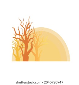 Trees on the background of a large moon. Mysterious sunset. A vector image, a ready-made element.