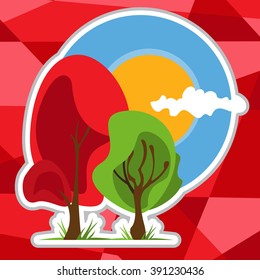 Trees on a background of the solar circle on polygon red background.