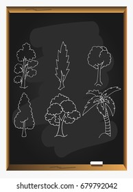 Trees on blackboard background. Tree icon set. Vector Illustration.