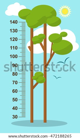 Trees on blue background. Children height meter wall sticker, kids measure. Vector illustration