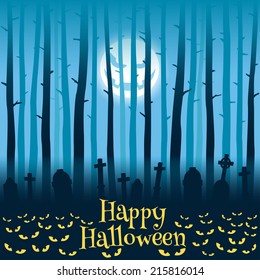 Trees on cemetery, tombs, moonlight and glowing eyes, Halloween style