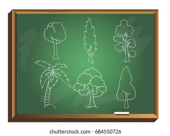 Trees on chalkboard. Tree icon set. Vector Illustration.