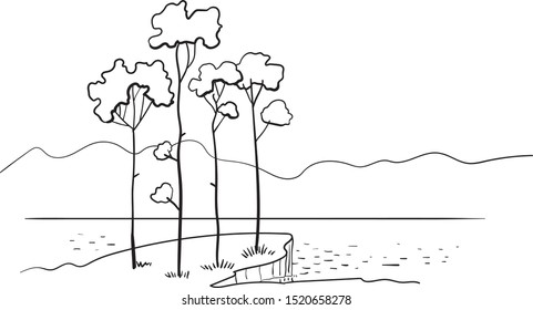 trees on a cliff against the background of a lake and mountains
