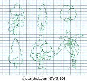 Trees on copybook background. Tree icon set. Vector Illustration.