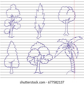 Trees on copybook background. Tree icon set. Vector Illustration.