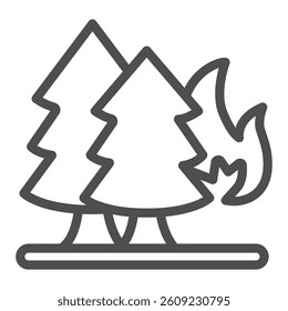 Trees on fire line icon, forest firefighter concept. Vector graphics. Burning trees, fire hazard danger sign on white background, outline style icon for mobile or web design