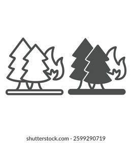 Trees on fire line and solid icon, forest firefighter concept. Vector graphics. Burning trees, fire hazard danger sign on white background, outline style icon for mobile or web design