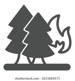 Trees on fire solid icon, forest firefighter concept. Vector graphics. Burning trees, fire hazard danger sign on white background, glyph style icon for mobile or web design