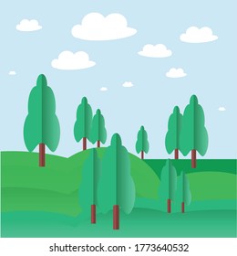 Trees on hill. Nature background green plant, blue sky, white cloud art flat design element stock vector illustration for we, for print