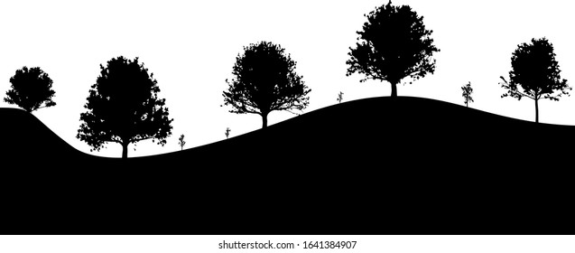 Trees on a hilly horizon. Black-white background. Landscape silhouette. Vector drawing