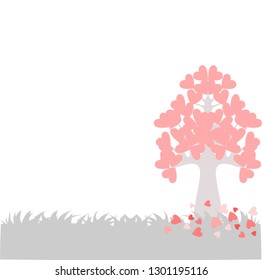 
Trees on the lawn with pink heart-shaped leaves, white background, vector images