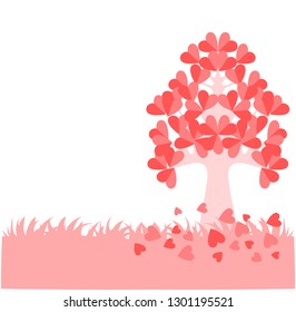 
Trees on the lawn with pink heart-shaped leaves, white background, vector images