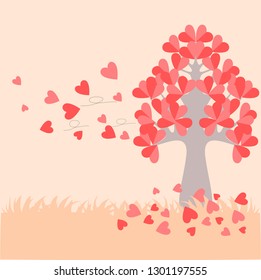 
Trees on the lawn with pink heart-shaped leaves, brown background, vector images