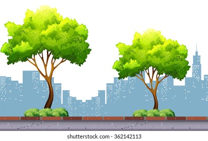 Árboles en el pavimento con ilustración de antecedentes de la ciudad