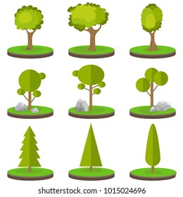 Trees on a piece of land. A set of trees with stones on green grass. Flat design, vector illustration, vector.