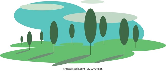 Trees on a plain against the background of the sky and clouds in minimalism.