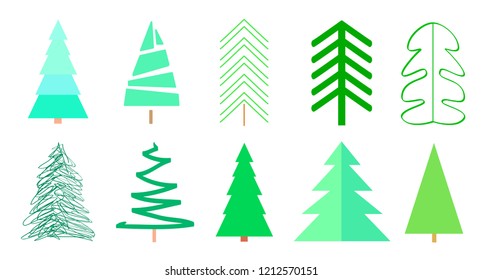 Сhristmas trees on white. Set for design on isolated background. Geometric art. Universal colored collection