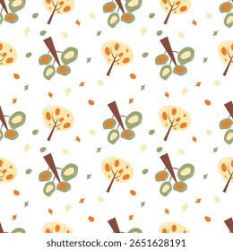 Árvores em um fundo de faixa branca. Padrão contínuo de outono para roupas, tecido, papel de parede, pano de fundo, decoração de casa, livro de capa e arte de parede. 