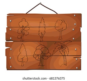 Trees on wooden plank background. Tree icon set. Vector Illustration.