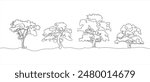 Trees one line set art. Continuous line drawing of plants, herb, tree, wood, nature, flora, poplar, maple, ash tree, linden.