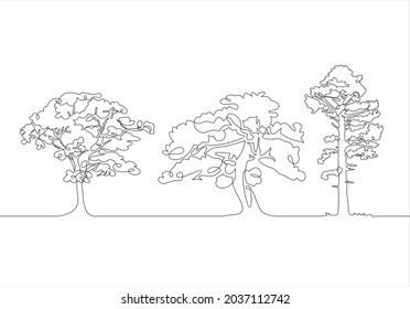 Trees one line set art. Continuous line