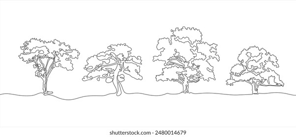 Trees one line set art. Continuous line drawing of plants, herb, tree, wood, nature, flora, poplar, maple, ash tree, linden.