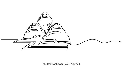 Dibujo continuo de la línea de las plantas, hierba, árbol, madera, Vector moderno del diseño del dibujo de la sola línea. Diseño de paisaje de jardín al aire libre un boceto de dibujo de esquema de Ilustración vectorial