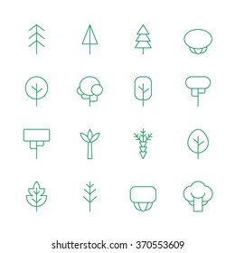 Trees outline green vector icons set. Modern minimalistic design.