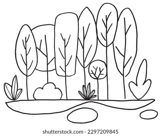 Trees outline illustration image. 
Hand drawn image artwork of trees. 
Simple cute original logo of a monochrome trees.
Hand drawn vector illustration for posters, cards, t-shirts.