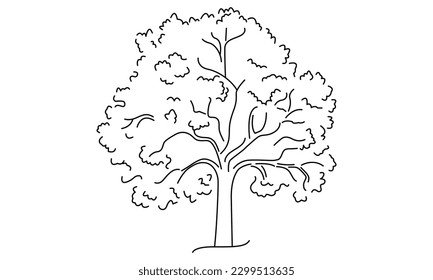 trees outline on a white background. Various trunks and foliage of plants, forest trees. Sketch style, contours and spots, linear handrawing. Illustration on white background.