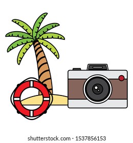 trees palms beach scene with camera and float vector illustration design