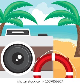 trees palms beach scene with camera and float vector illustration design