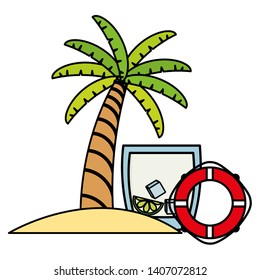 trees palms beach scene with lemonade cocktail vector illustration design