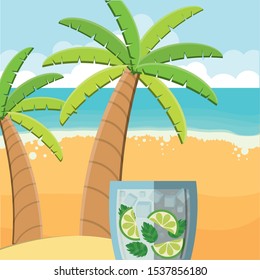 trees palms beach scene with lemonade cocktail vector illustration design