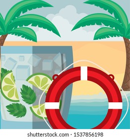trees palms beach scene with lemonade cocktail and float vector illustration design