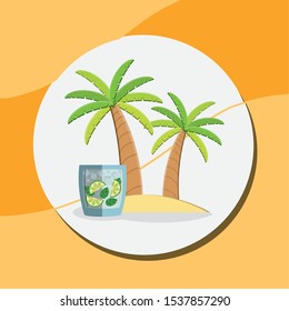 trees palms beach scene with lemonade cocktail vector illustration design