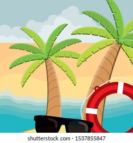 trees palms beach scene with sunglasses vector illustration design