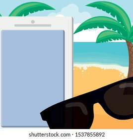 trees palms beach scene with sunglasses vector illustration design